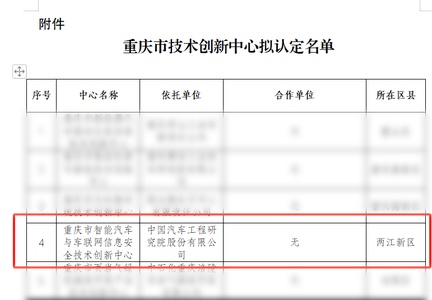 中国汽研“重庆市智能汽车与车联网信息安全技术创新中心”获重庆市科技局正式认定